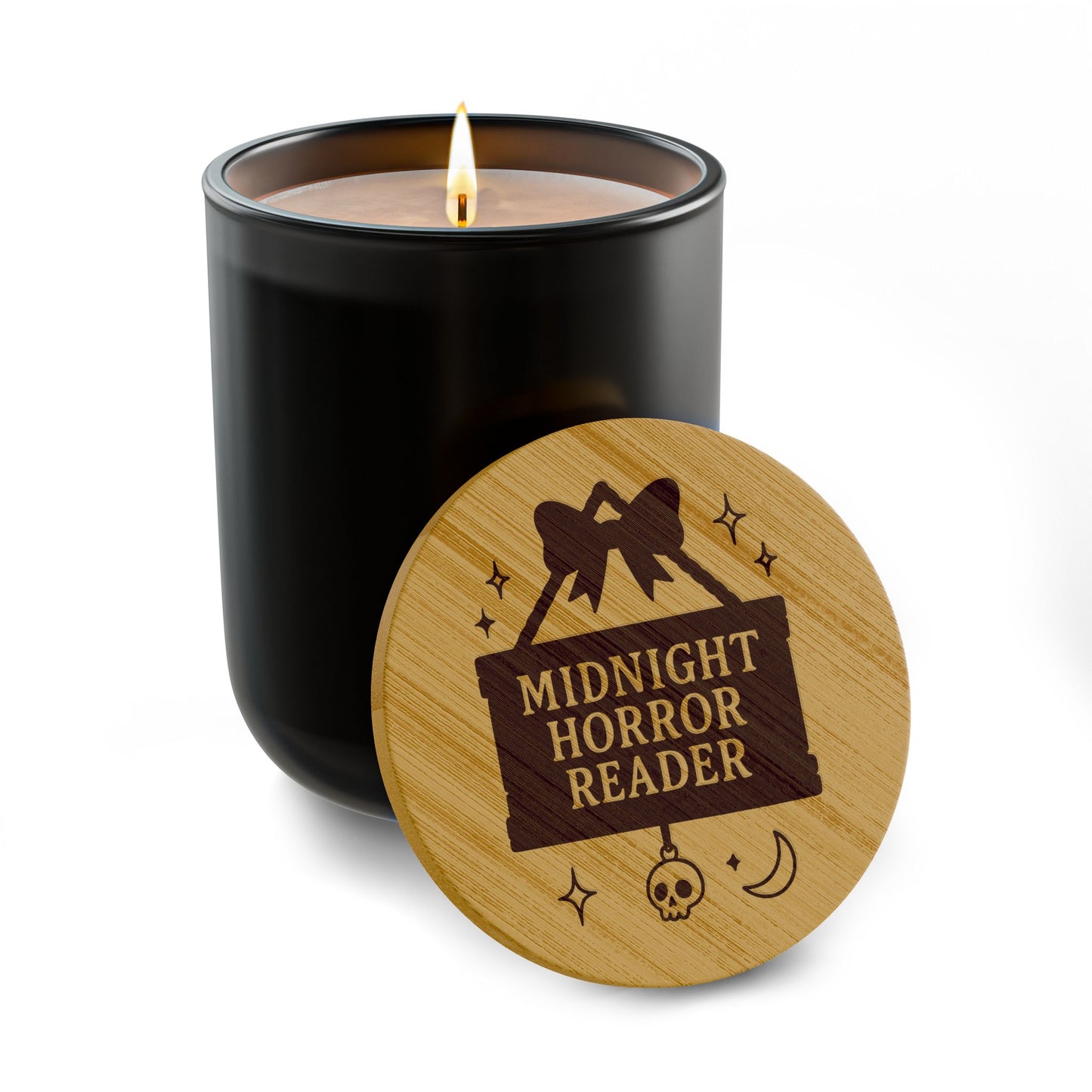 "Midnight Horror Reader" Scented 14oz Soy Candle – Engraved Bamboo Lid