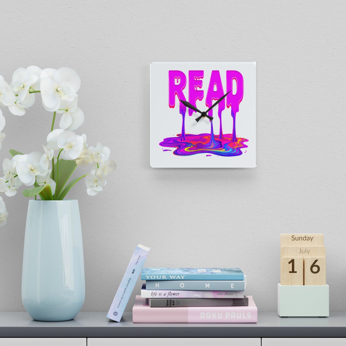 Acrylic Wall Clock — "READ" Drippy Neon Melt Art Clock for Book Lovers