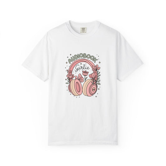 "Audiobook Girlie" T-Shirt — Floral Headphones Graphic Tee