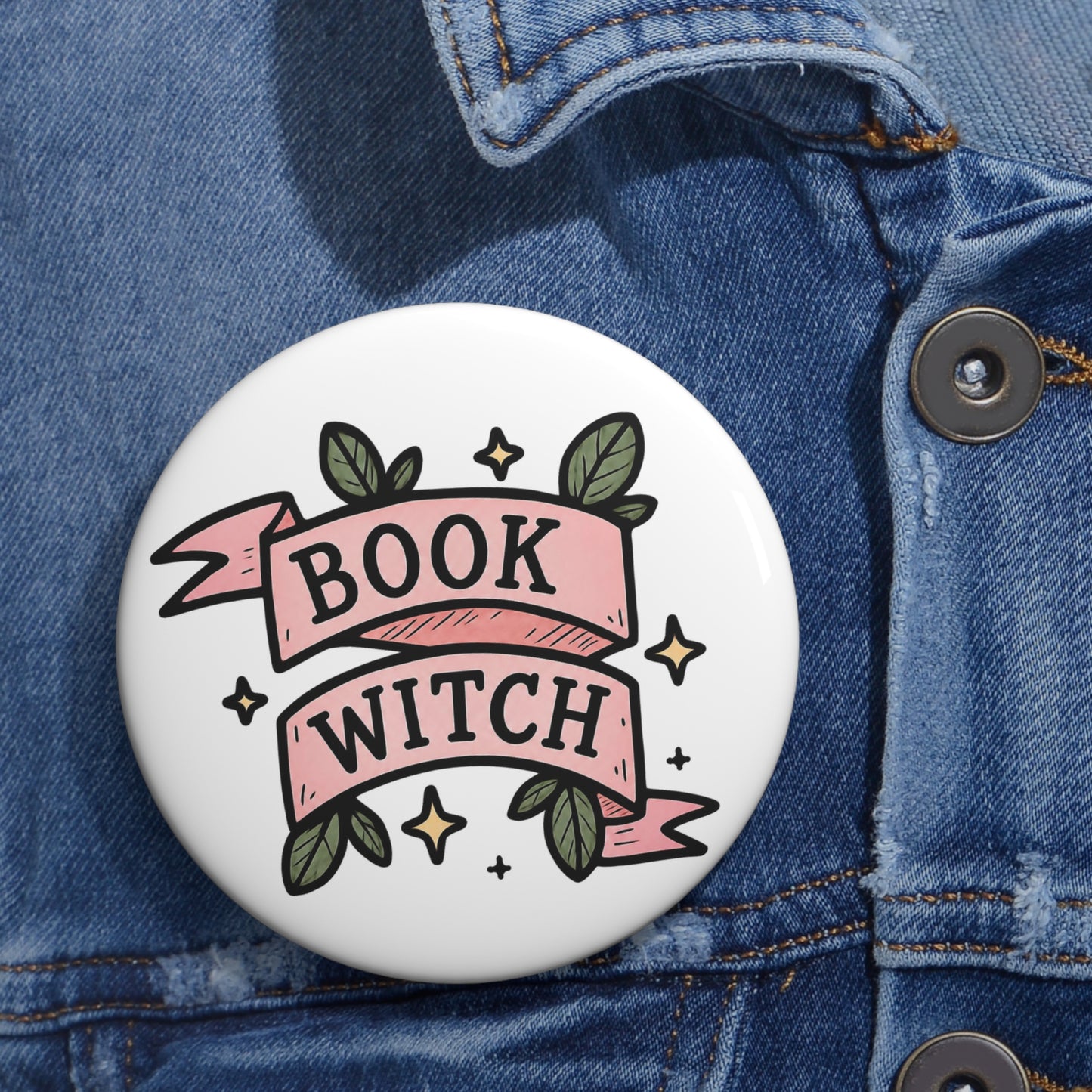 "Book Witch" Pin Button — Cute Literary Enamel-Style Badge for Readers & Gifts