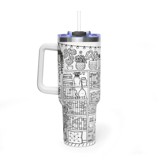 40oz Booklover Vacuum Tumbler – Illustrated Bookshelf Design