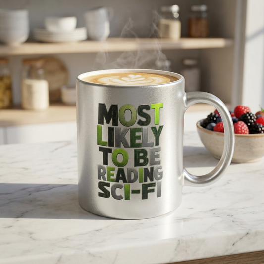 Metallic Mug — "Most Likely to Be Reading Sci‑Fi" Silver Novelty Coffee Cup