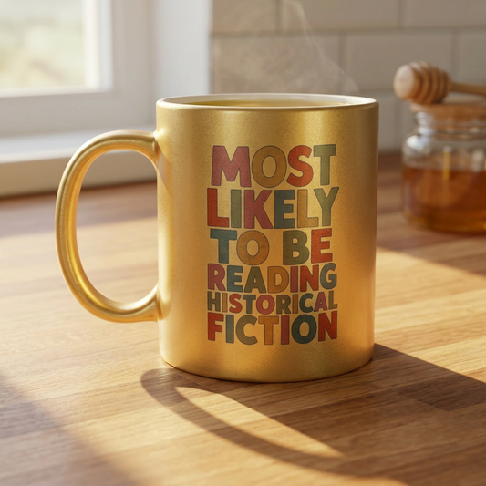 Metallic Mug — "Most Likely to Be Reading Historical Fiction" Gold Coffee Cup