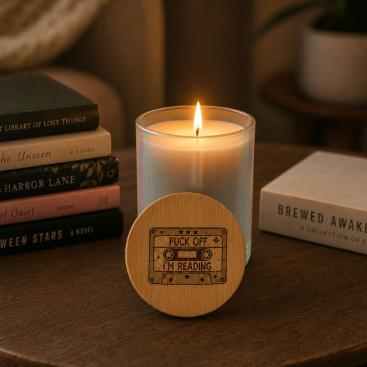 Engraved Soy Candle — “Fuck Off I’m Reading” Cassette Lid (14oz)