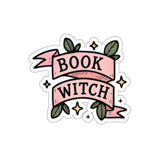 "Book Witch" Die-Cut Sticker — Cute Pink Banner, Floral Reading & Witchy Decal