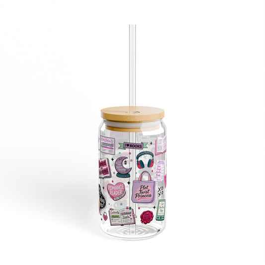 Romance Reader 16oz Sipper Glass with Retro Pink Sticker Collage