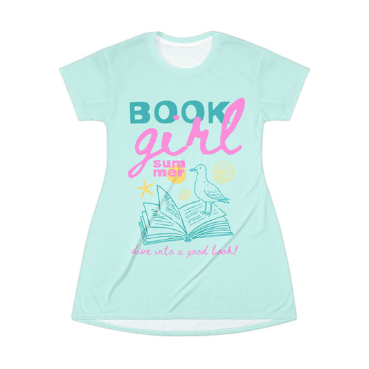 "Book Girl Summer" T-Shirt Dress — Cute Pastel Reading Graphic Dress