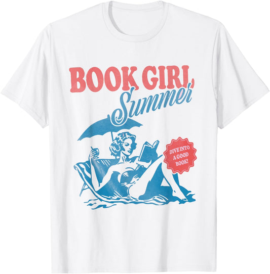 Women Retro Book Girl Summer Bookish Vacation Funny Reader T-Shirt