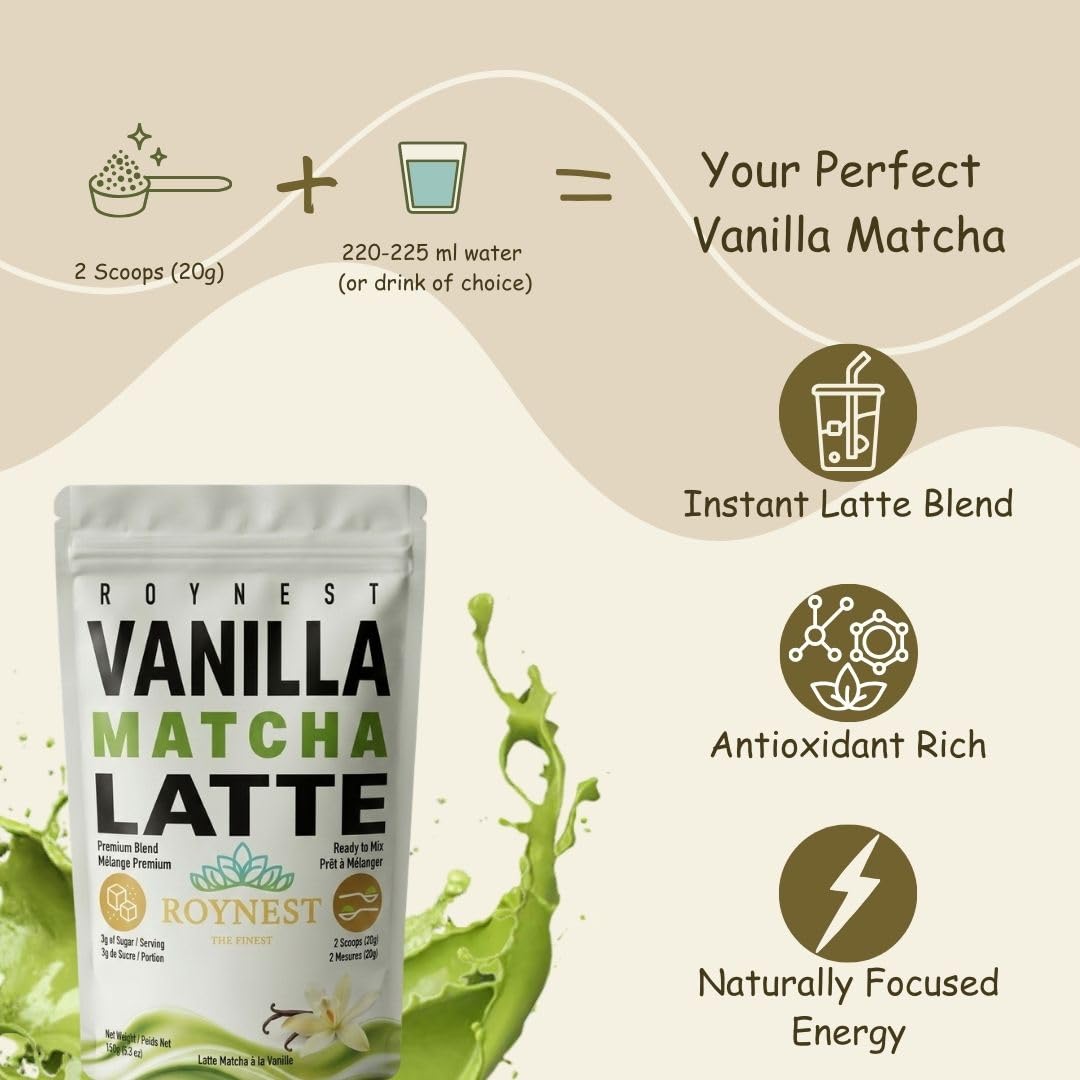 Poudre de Matcha Latte Premium à la Vanille Faible en Sucre - Lots de 1 et 2 par Roynest
