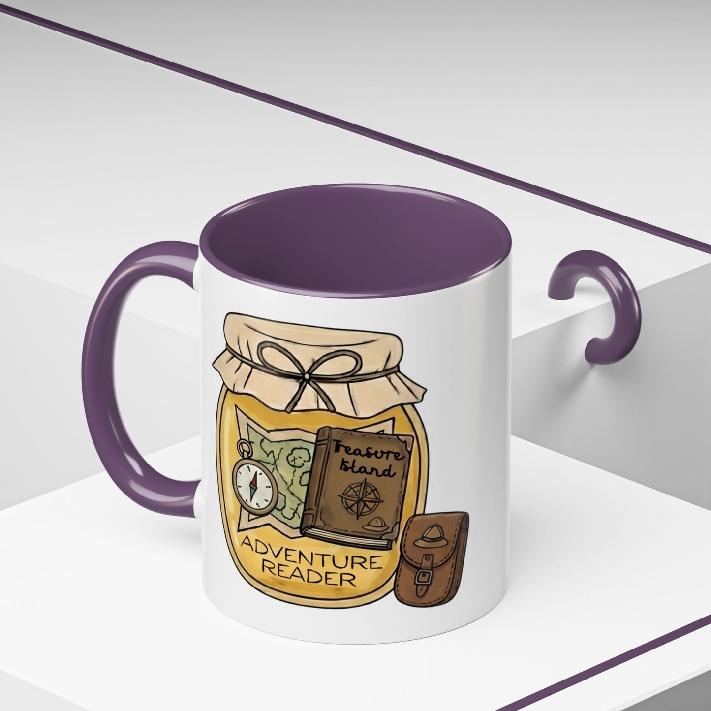 "Adventure Reader" Accent Coffee Mug — Bookish Travel Compass & Treasure Jam Jar Design