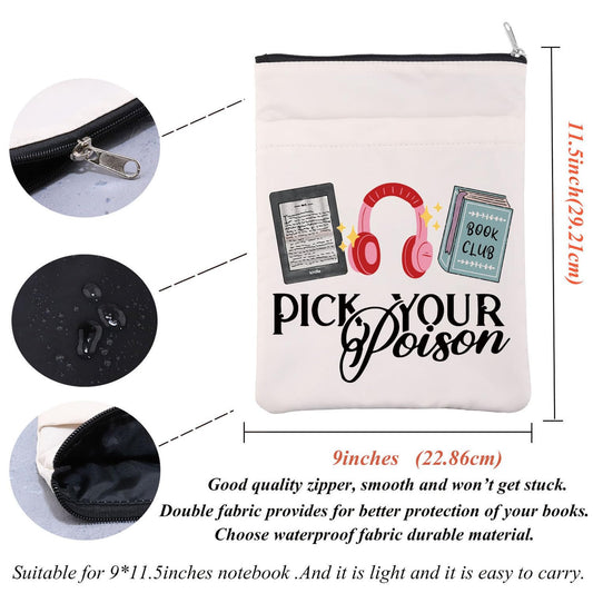 Bookish Book Lovers Book Sleeve Book Club Book Cover Kindle Audio Book Reader Gift Pick Your Poison Pouch for Bookworm Bibliophile (CA-PickPoison3ReadBS)