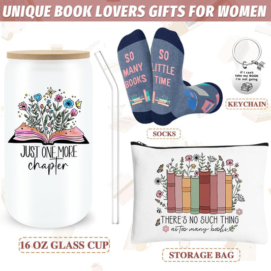 JTAMOHI 4 PCS Book Lover Gifts for Women, 16 Oz Drinking Glass Cup Gift Set for Book Lovers, Book Themed Gift, Book Lovers Gifts for Reading Lovers, Girl Friend Mothers Day, Birthday, Christmas