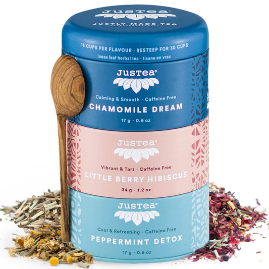JusTea PURPLE TEA TRIO | 3 Flavour Tin Variety Pack with Hand Carved Tea Spoon| 45+ Cups of Loose Leaf Tea | Very Low Caffeine | Fair Trade | Non-GMO