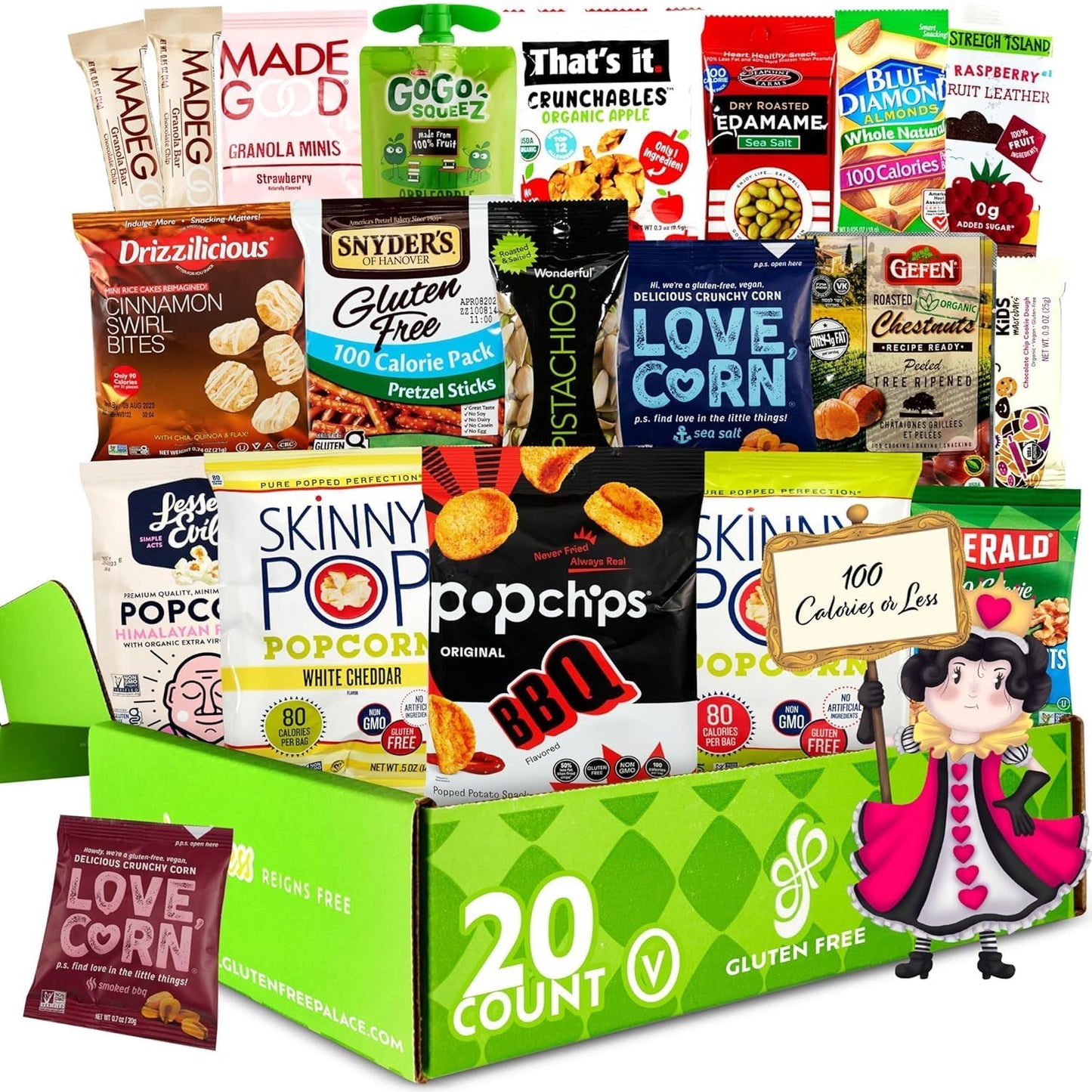Boîte de collation variée sans gluten Palace 100 calories - Collation saine - Faible en calories, végétalien, barres protéinées et noix (20 unités)