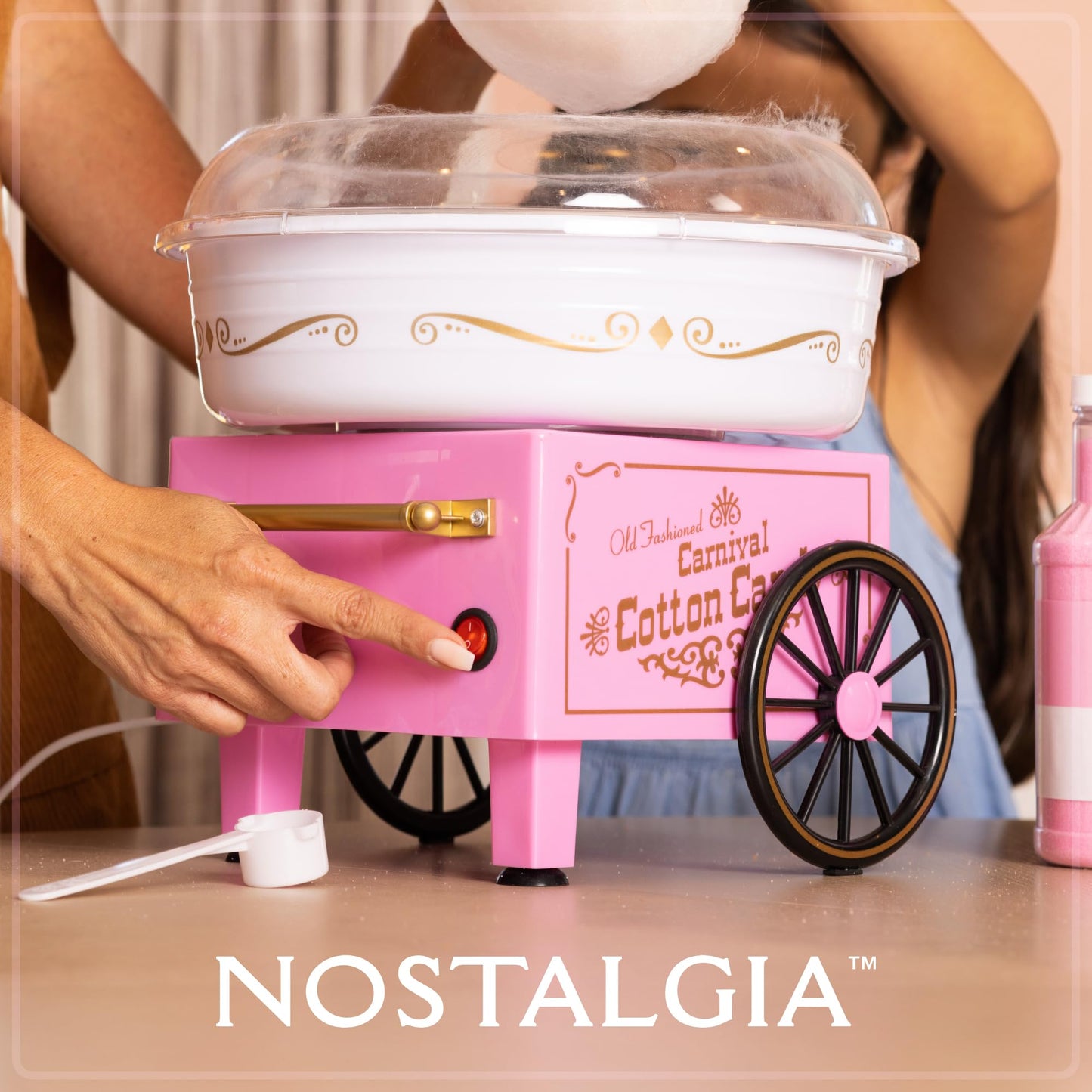 Nostalgia PCM306PK Vintage Hard and Sugar Free Countertop Original Cotton Candy Maker, Includes 2 Reusable Cones, Scoop – Pink