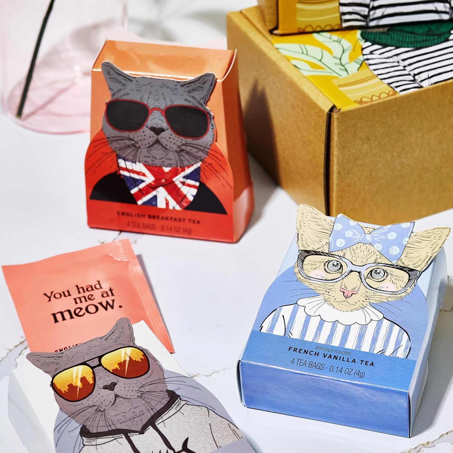 Thé pour les amoureux des chats - 6 saveurs avec des illustrations de chats élégantes et des citations amusantes par Thoughtfully Gourmet