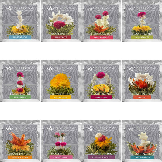 Teabloom Flowering Tea Gift Set - 12 Unique Blooming Tea Flowers - Hand-Tied Green Tea Leaves & Edible Flowers - Gift Canister - 36 Steeps, Makes 250 Cups