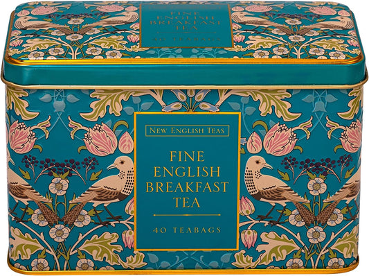 New English Teas – Classic Teal Victorian Design Tea Tin with 40 Teabags – English Breakfast Blend – Arts Inspired British Tea Gift