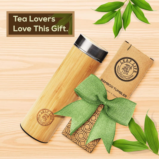 Leaflife Sustainable Bamboo Loose Leaf Tea Tumbler - 17oz Tea Bottle with Infuser - 12 Hrs Hot & Cold-Vacuum Insulated Stainless Steel Tea Gift for Women, Men - Tea Infuser Travel Mug with Lid