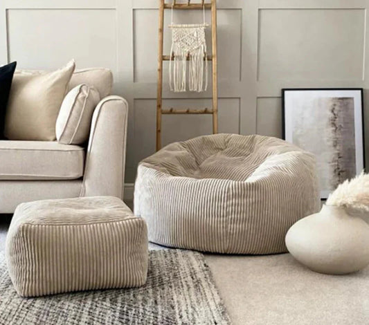 2-in-1 Bean Bag Chair & Footstool Cover Set Flannel Corduroy No Filler Beige-1
