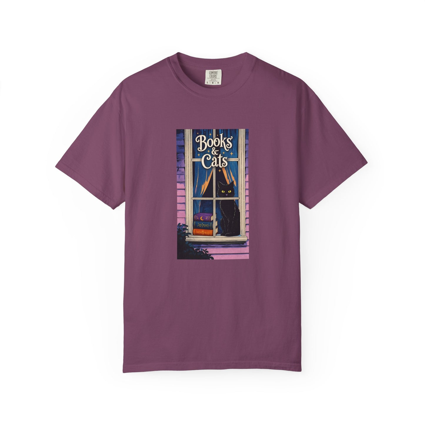 "Books & Cats" T-Shirt — Cozy Bookshop Window Graphic Tee