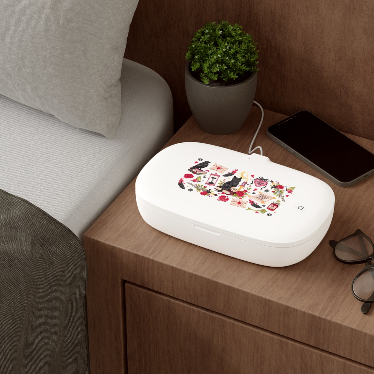 Witchy Cats UV Phone Sanitizer & Wireless Charging Pad — Black Cat, Herbs & Tarot Design