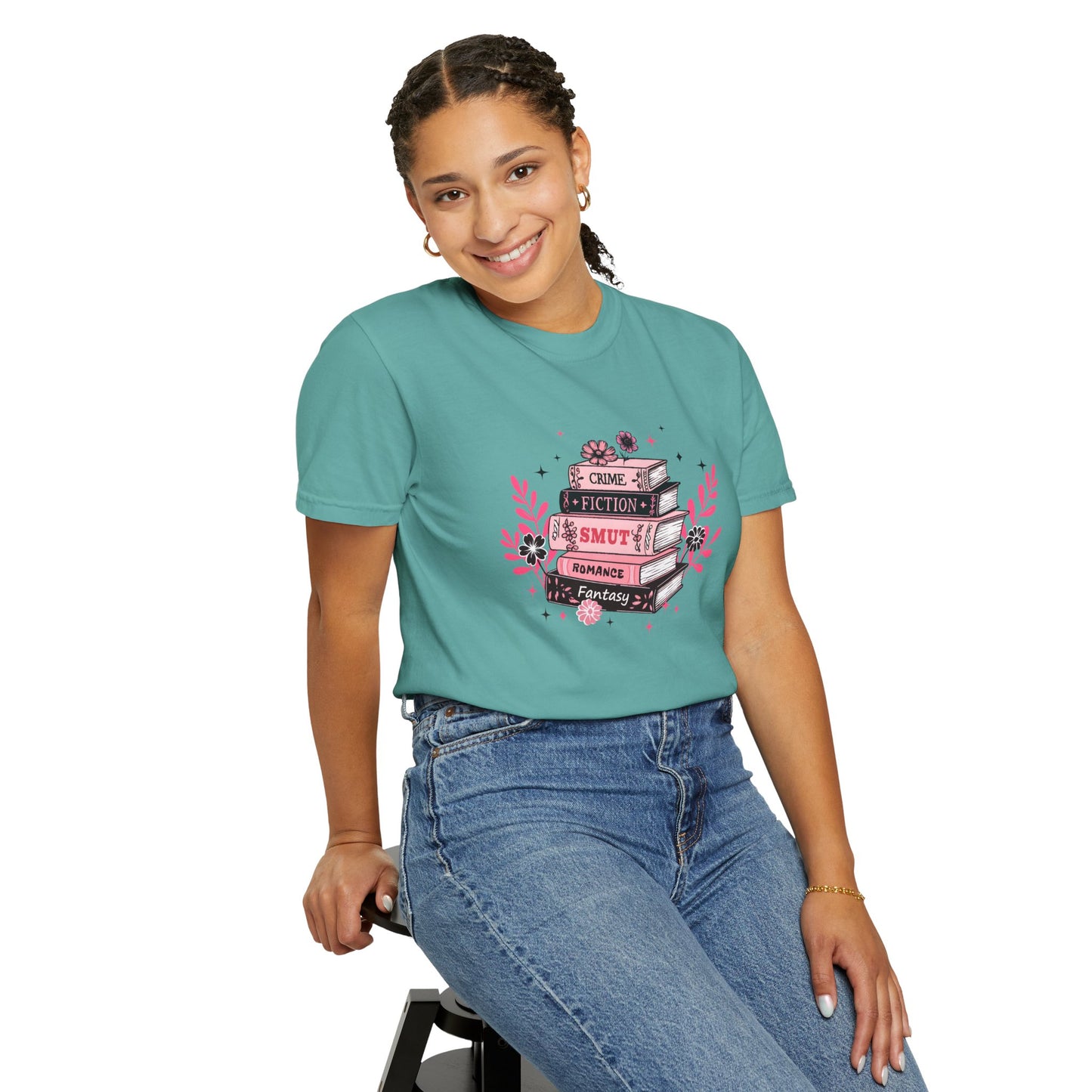 Book Stack Graphic T-Shirt — Cute Floral Reading Shirt (Crime, Fiction, Smut, Romance)