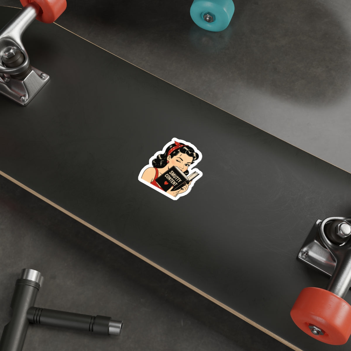 Die-Cut Sticker — Retro Pin-up Girl Reading “Smutty Content” (Vintage Sassy Booksticker)