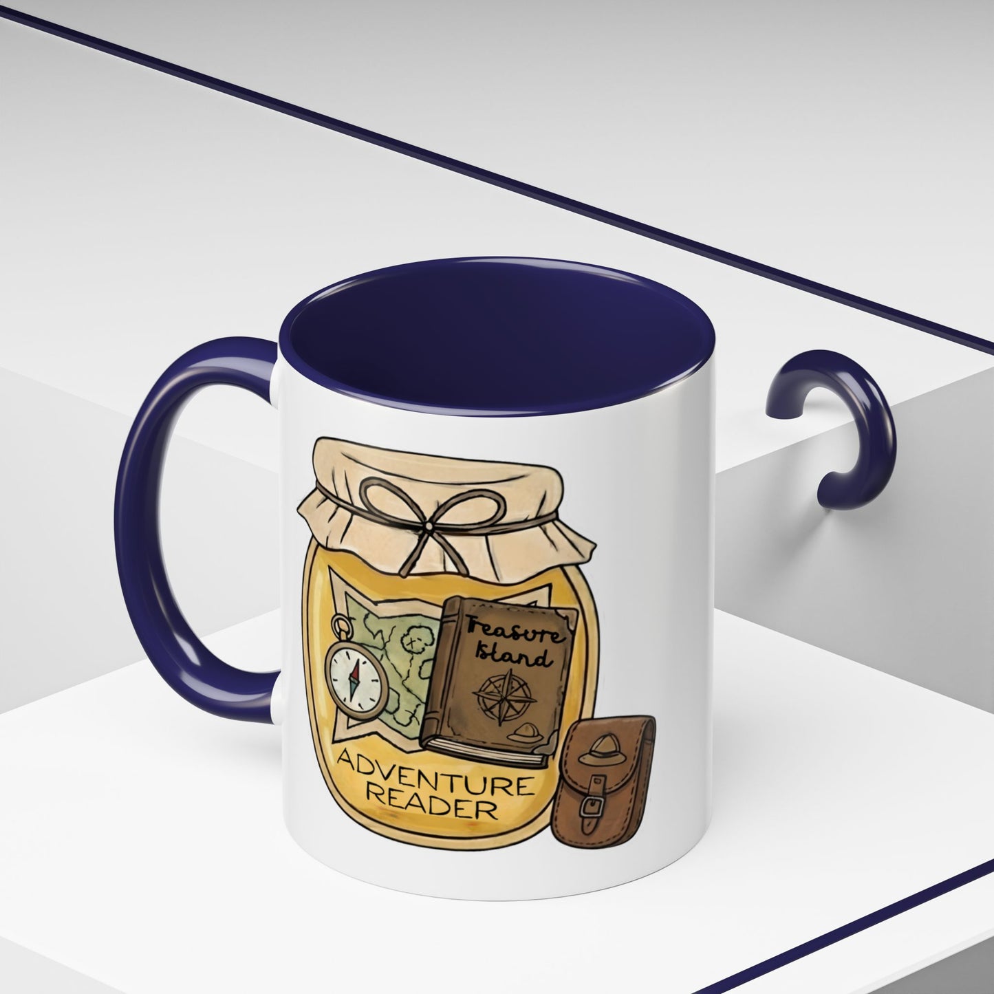 "Adventure Reader" Accent Coffee Mug — Bookish Travel Compass & Treasure Jam Jar Design