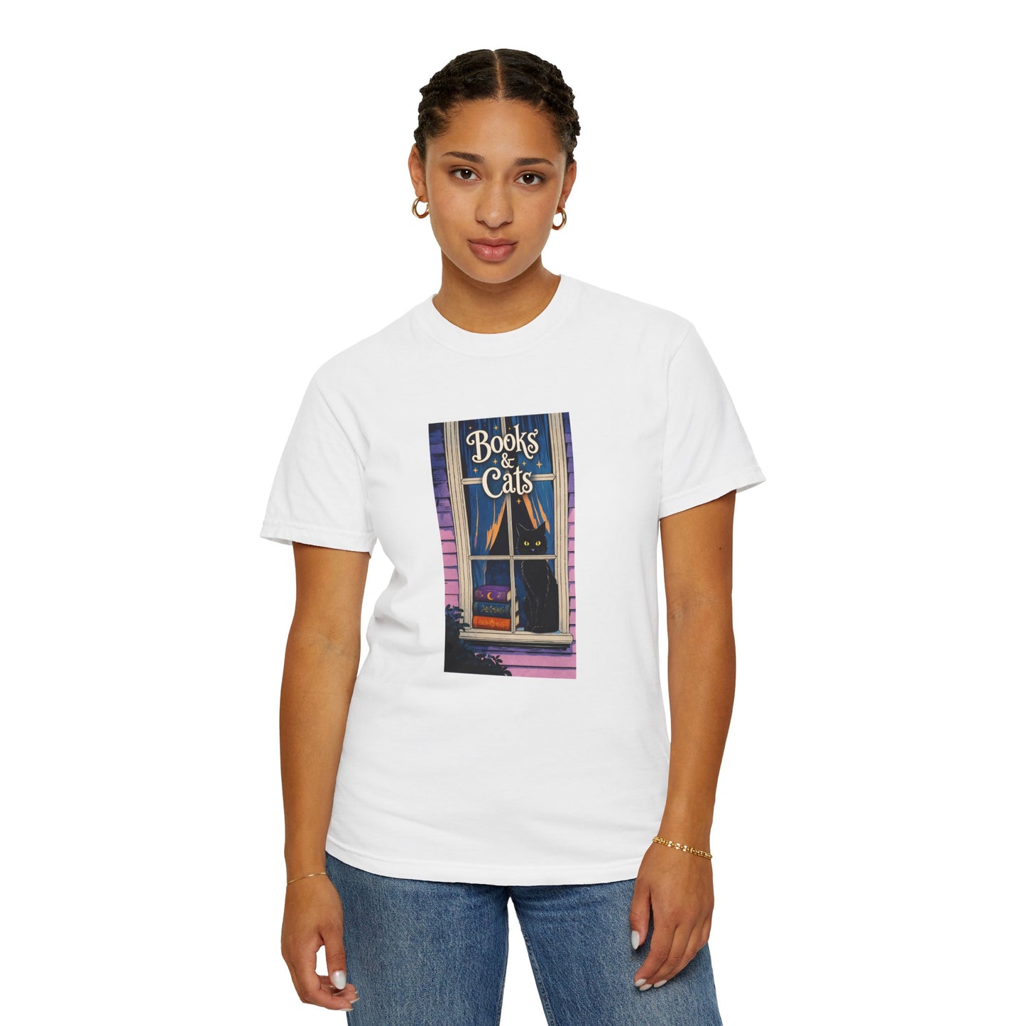 "Books & Cats" T-Shirt — Cozy Bookshop Window Graphic Tee