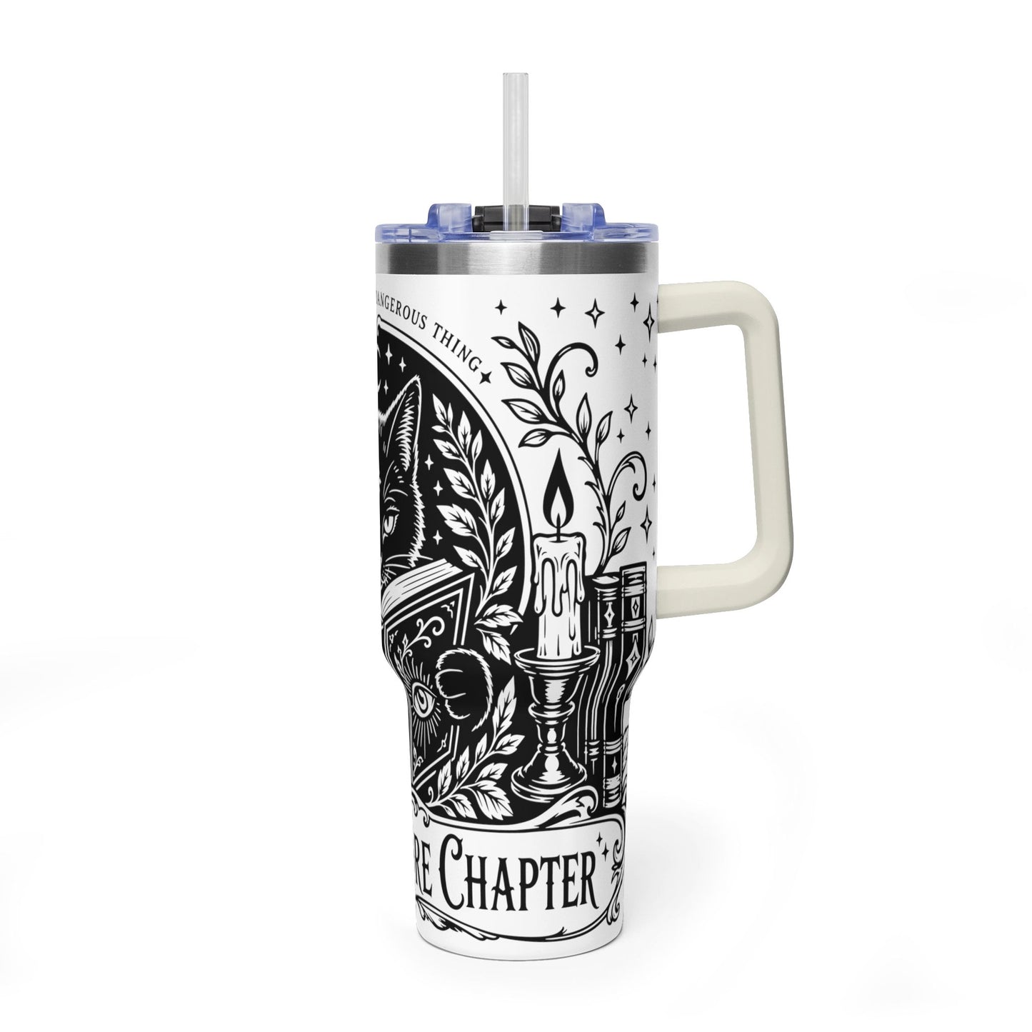 40oz Vacuum Tumbler — Black Cat "Just One More Chapter" Bookish Travel Mug