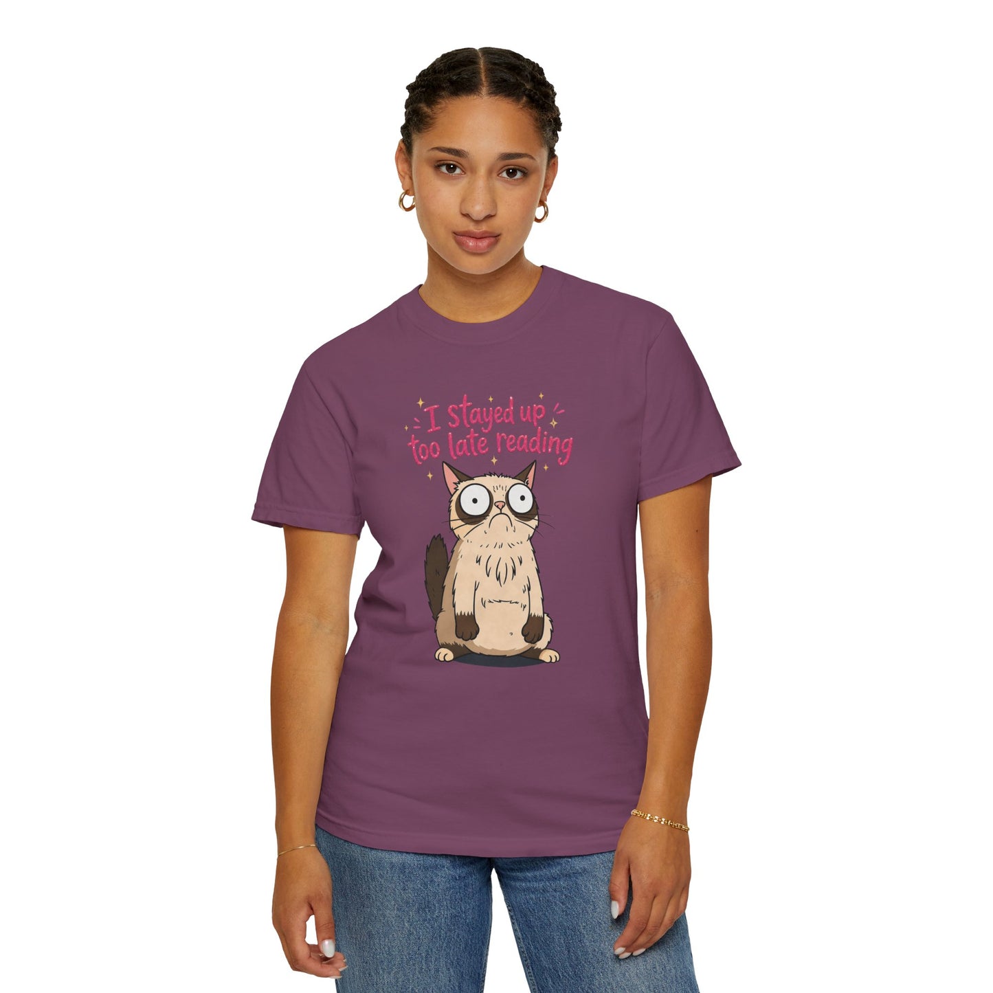 "I Stayed Up Too Late Reading" Cat T-Shirt — Cute Book Lover Graphic Tee