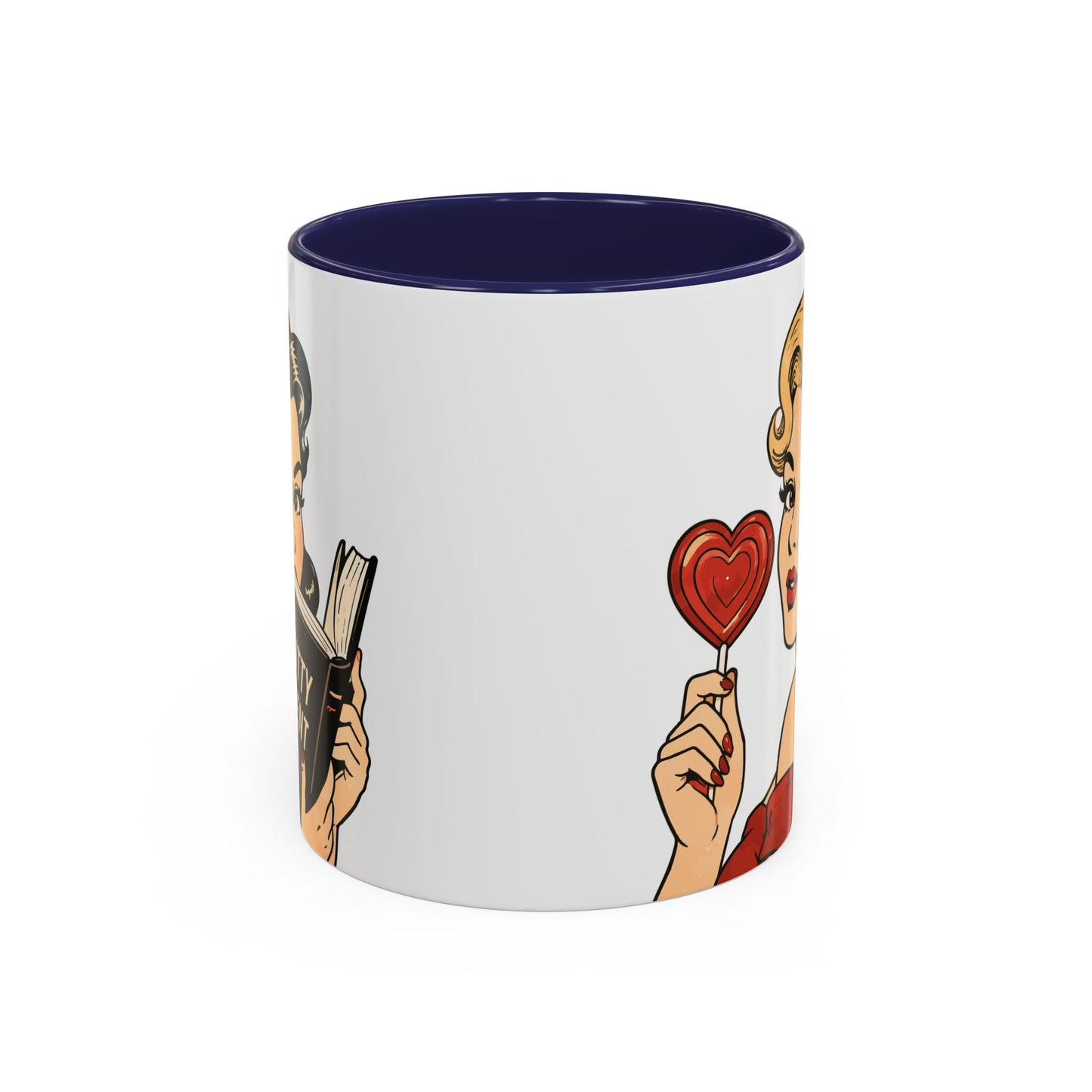 Retro Pin-Up Coffee Mug — Vintage Pop Art Woman with Heart Lollipop (11oz)