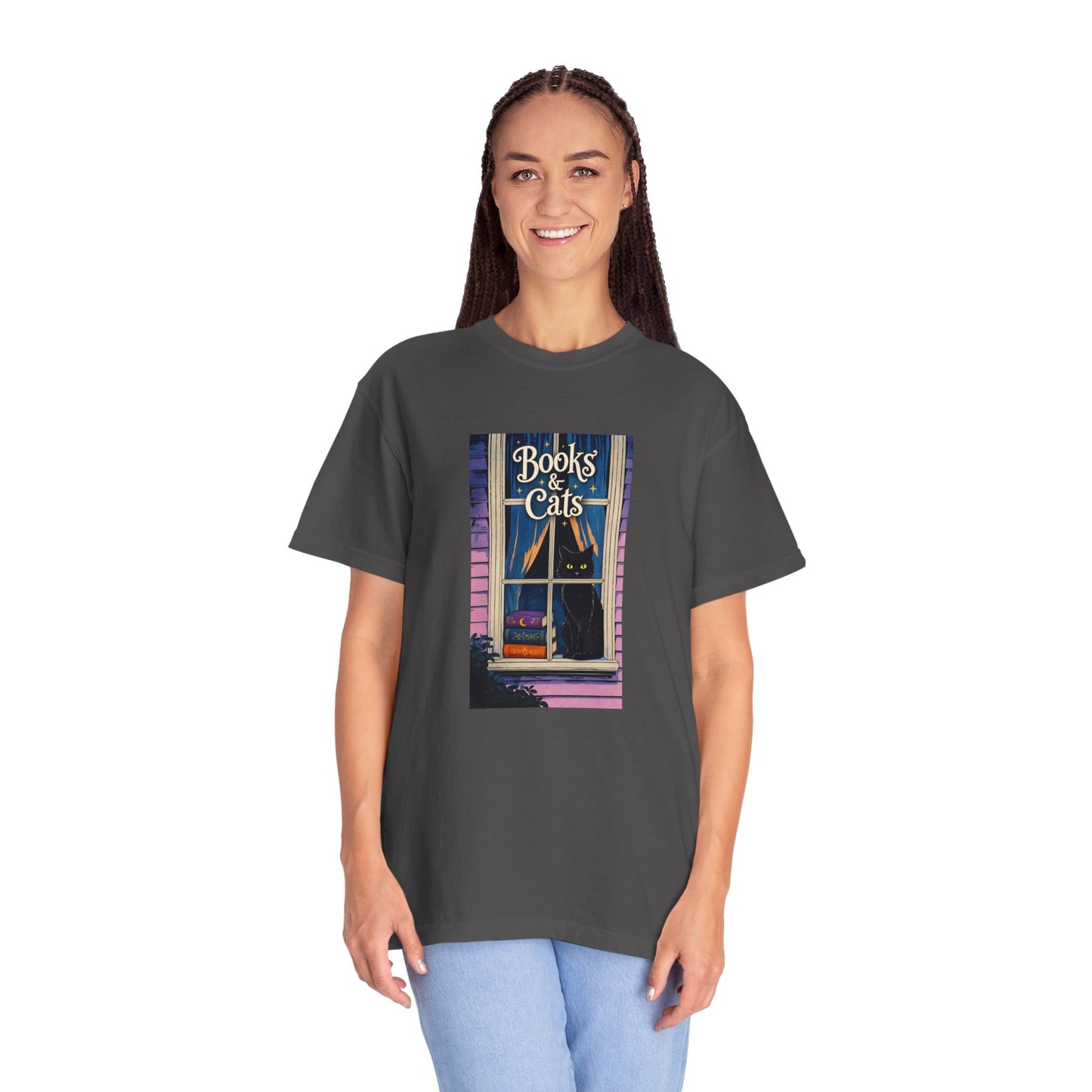 "Books & Cats" T-Shirt — Cozy Bookshop Window Graphic Tee