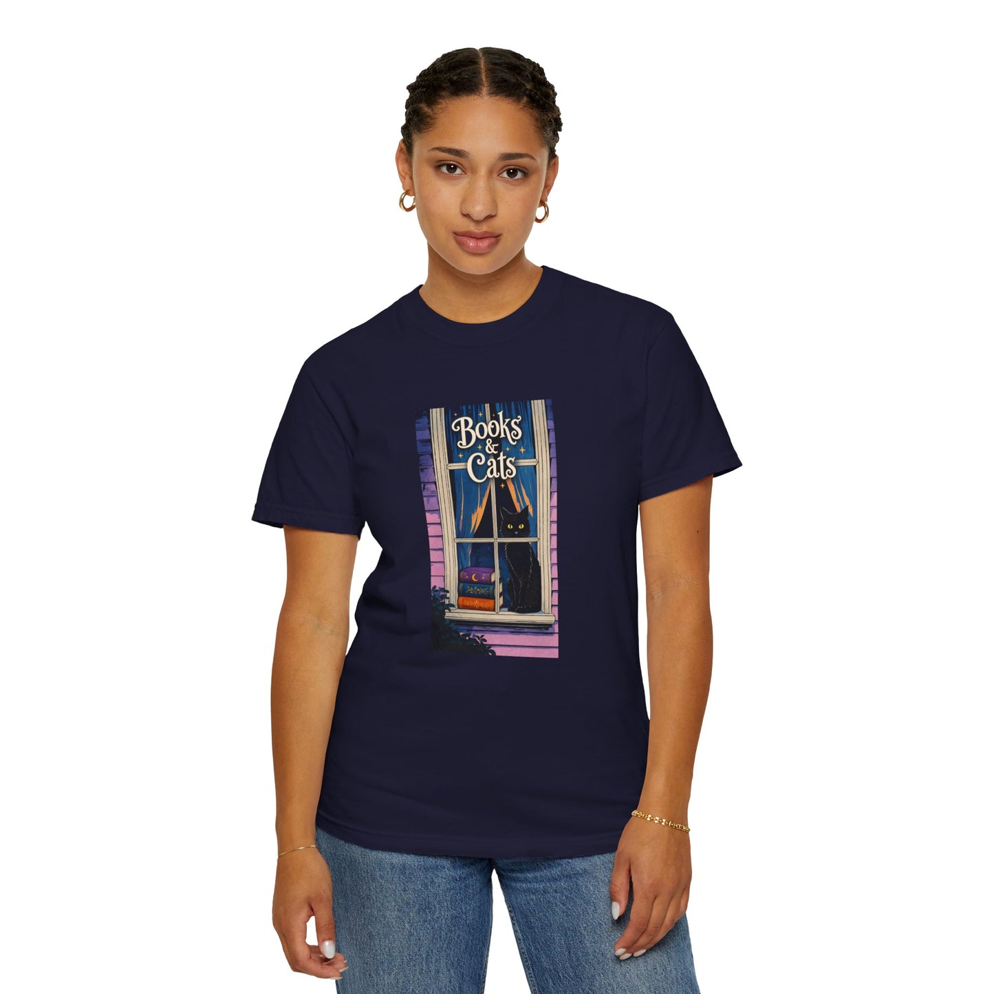 "Books & Cats" T-Shirt — Cozy Bookshop Window Graphic Tee