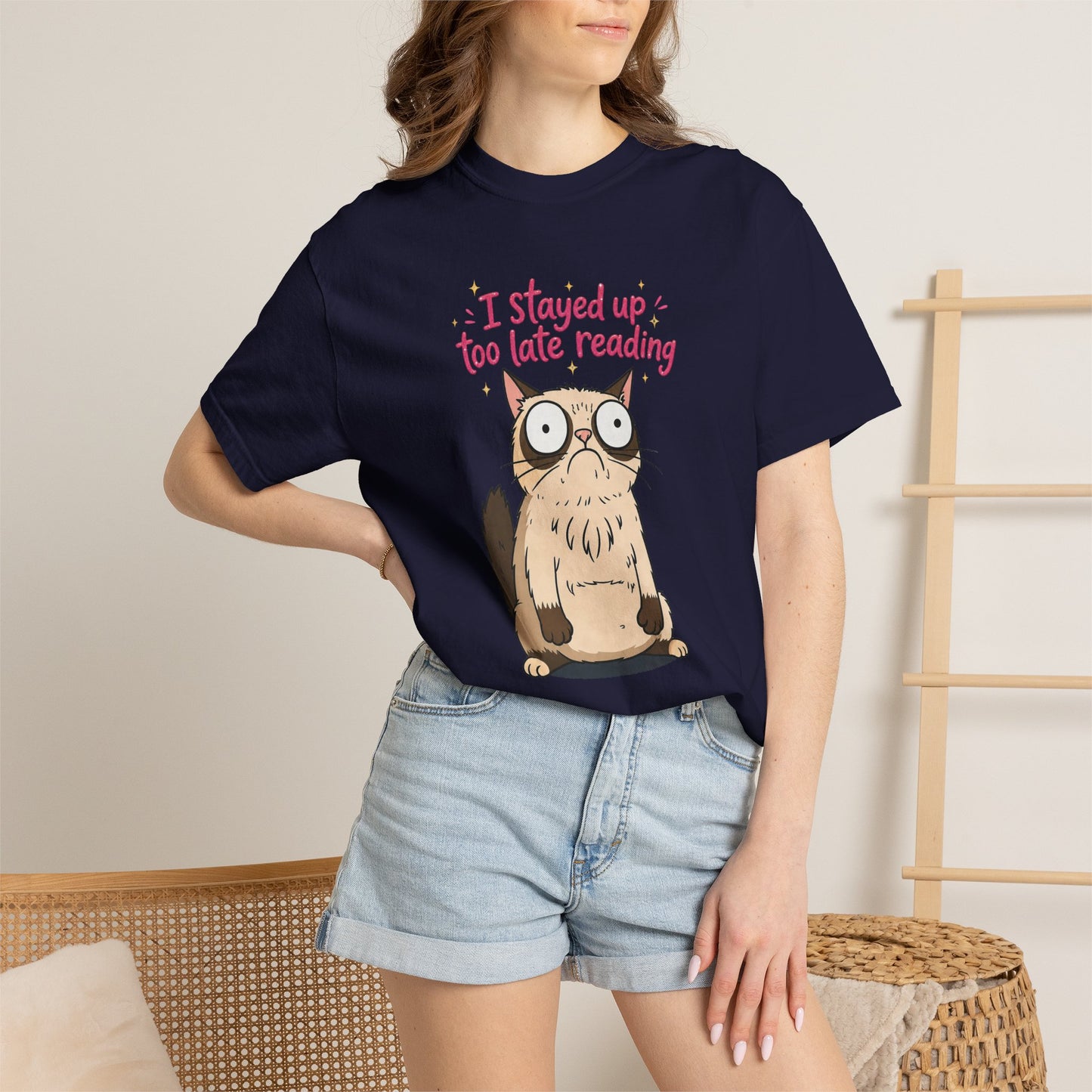 "I Stayed Up Too Late Reading" Cat T-Shirt — Cute Book Lover Graphic Tee