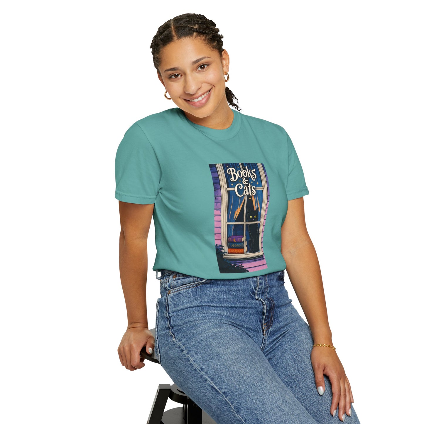 "Books & Cats" T-Shirt — Cozy Bookshop Window Graphic Tee