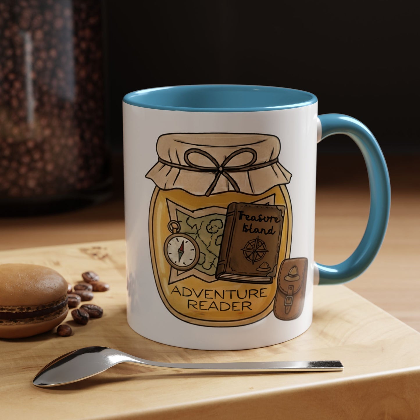 "Adventure Reader" Accent Coffee Mug — Bookish Travel Compass & Treasure Jam Jar Design