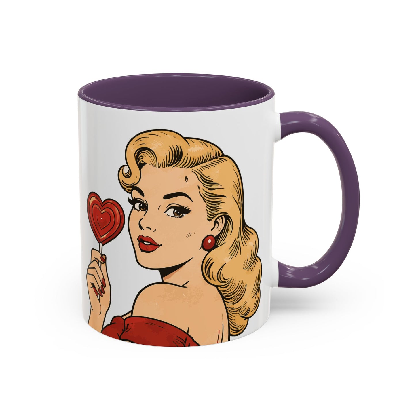 Retro Pin-Up Coffee Mug — Vintage Pop Art Woman with Heart Lollipop (11oz)