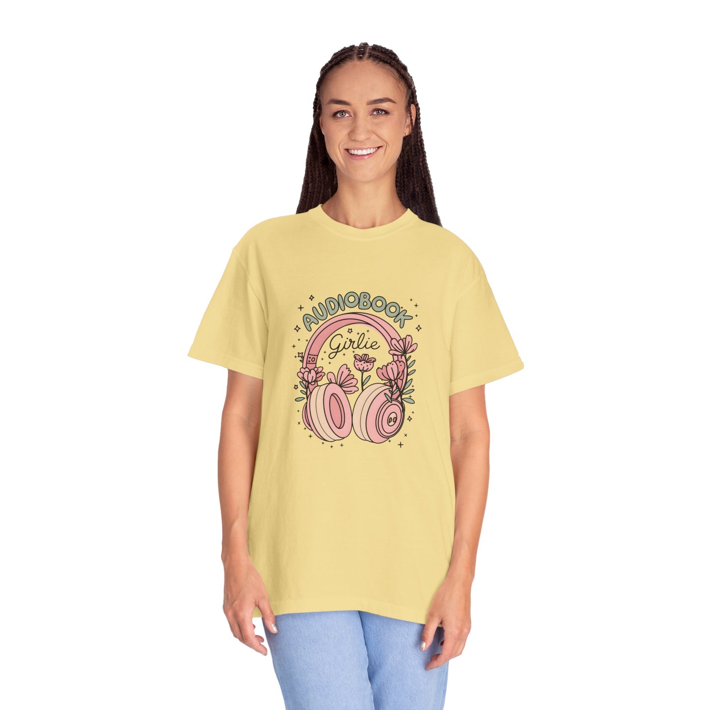 "Audiobook Girlie" T-Shirt — Floral Headphones Graphic Tee