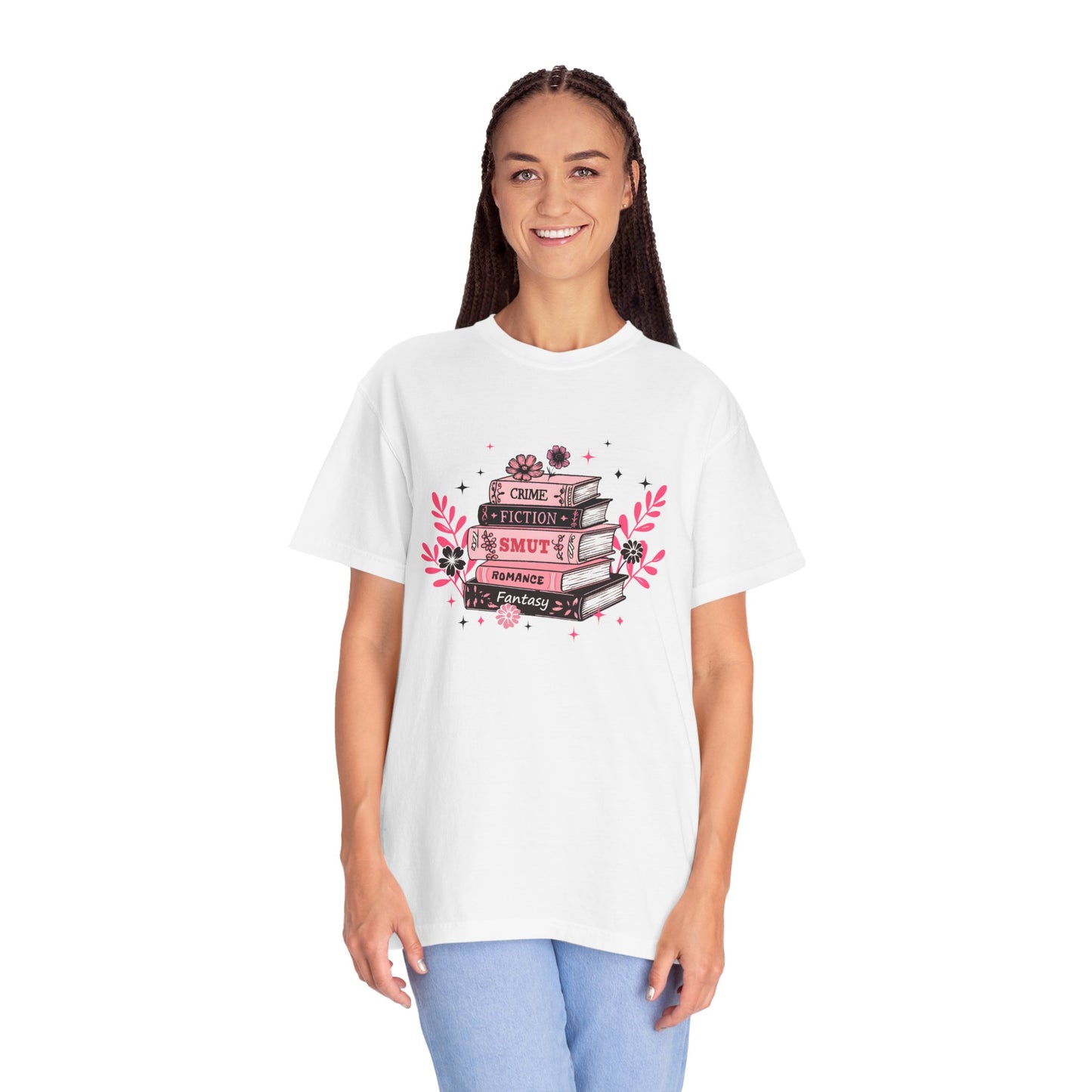Book Stack Graphic T-Shirt — Cute Floral Reading Shirt (Crime, Fiction, Smut, Romance)