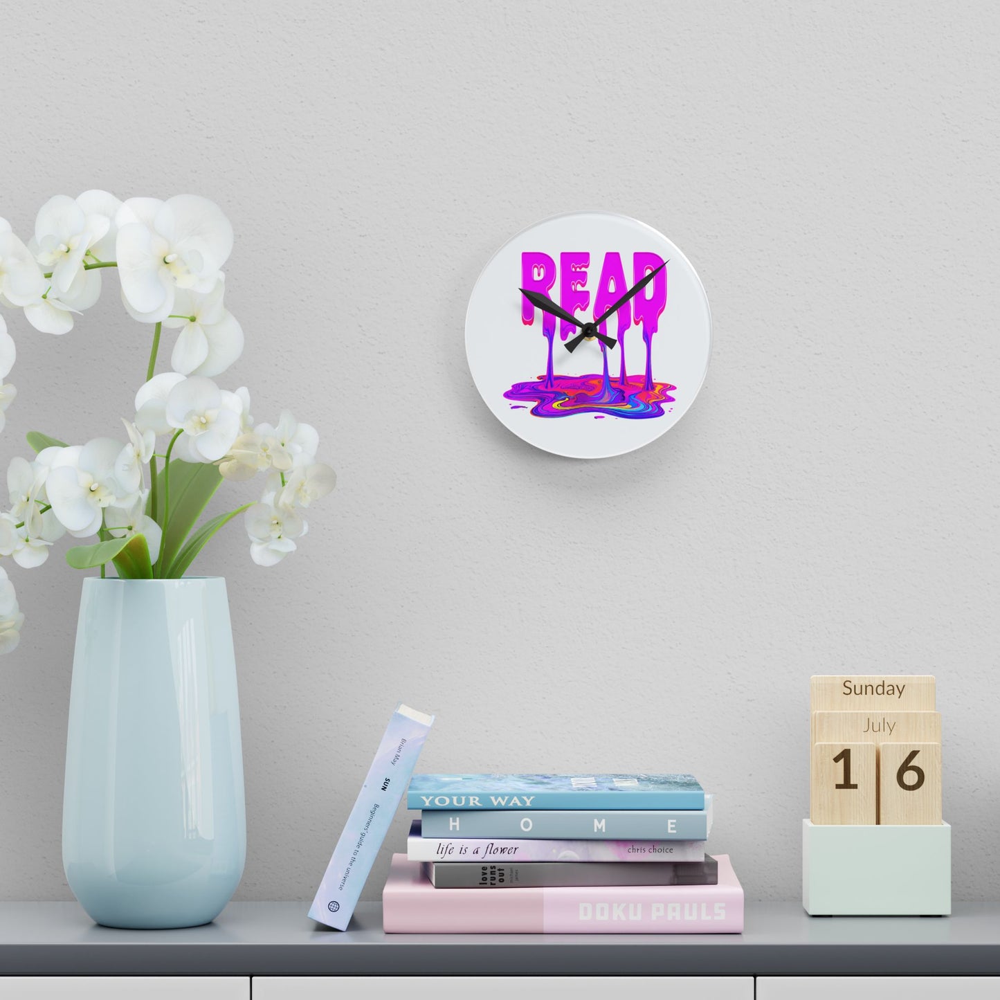 Acrylic Wall Clock — "READ" Drippy Neon Melt Art Clock for Book Lovers