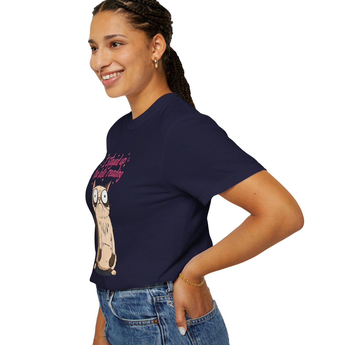 "I Stayed Up Too Late Reading" Cat T-Shirt — Cute Book Lover Graphic Tee