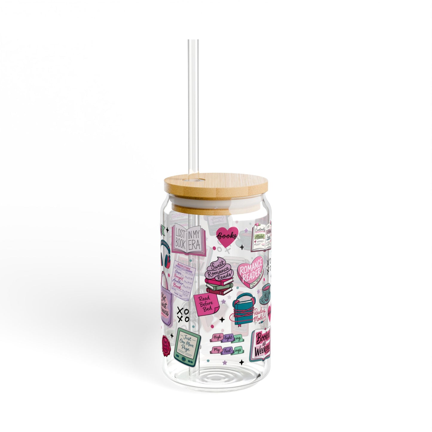 Romance Reader 16oz Sipper Glass with Retro Pink Sticker Collage