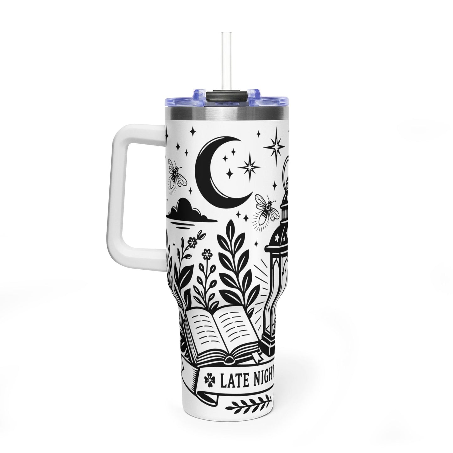 40oz Vacuum Tumbler — "Late Night Reading Club" Lantern & Moon Book Lover Travel Mug