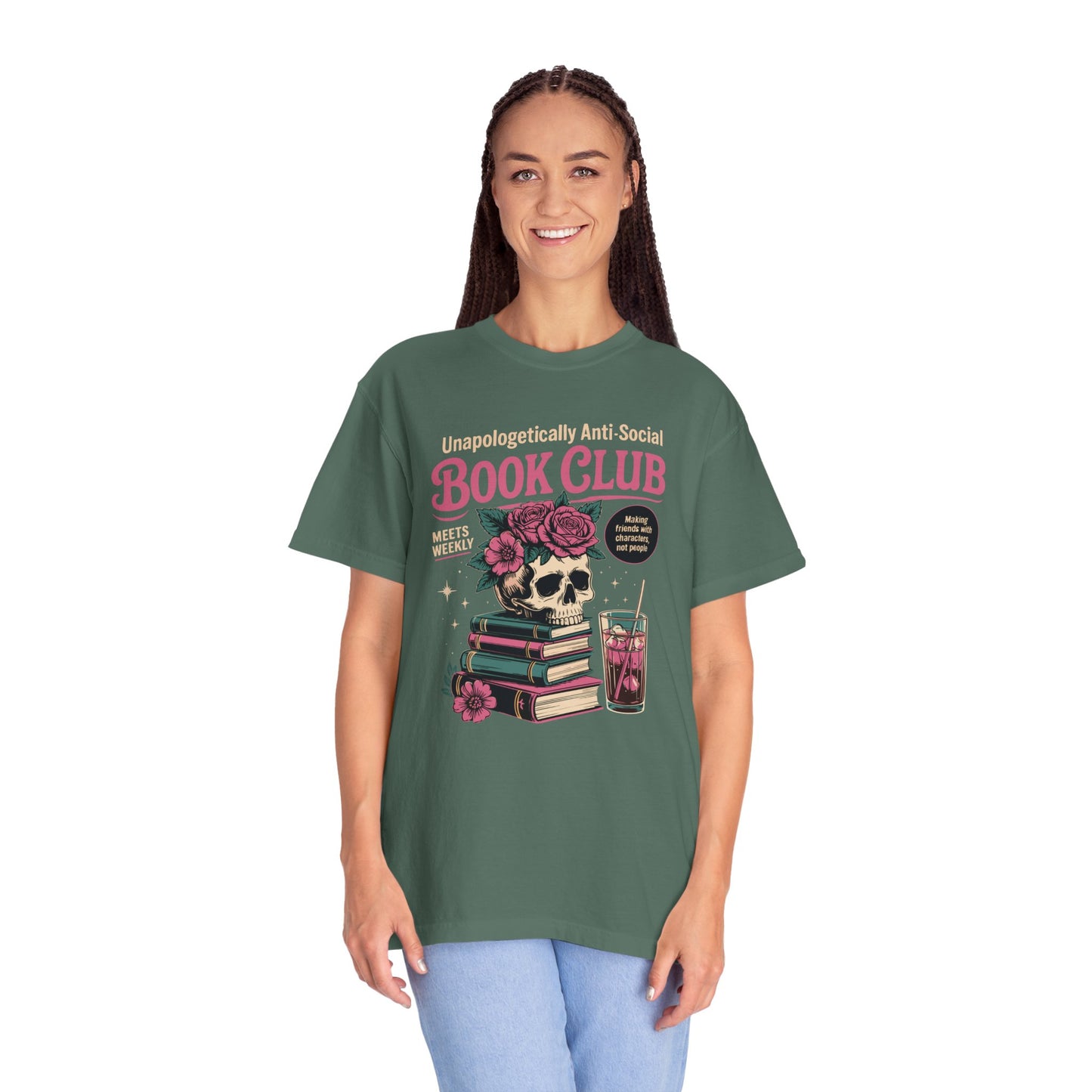 "Unapologetically Anti-Social Book Club" T-Shirt — Skull & Books Graphic Tee for Avid Readers
