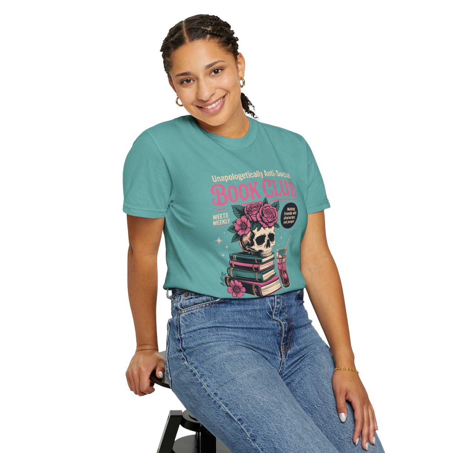 "Unapologetically Anti-Social Book Club" T-Shirt — Skull & Books Graphic Tee for Avid Readers