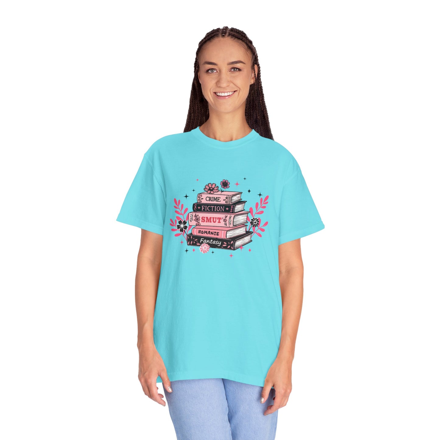 Book Stack Graphic T-Shirt — Cute Floral Reading Shirt (Crime, Fiction, Smut, Romance)