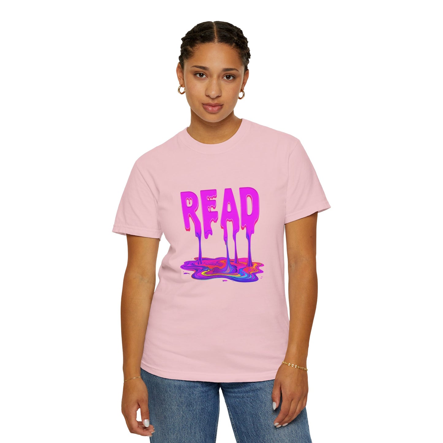 "READ" Dripping Graphic T-Shirt — Psychedelic Melting Book Design