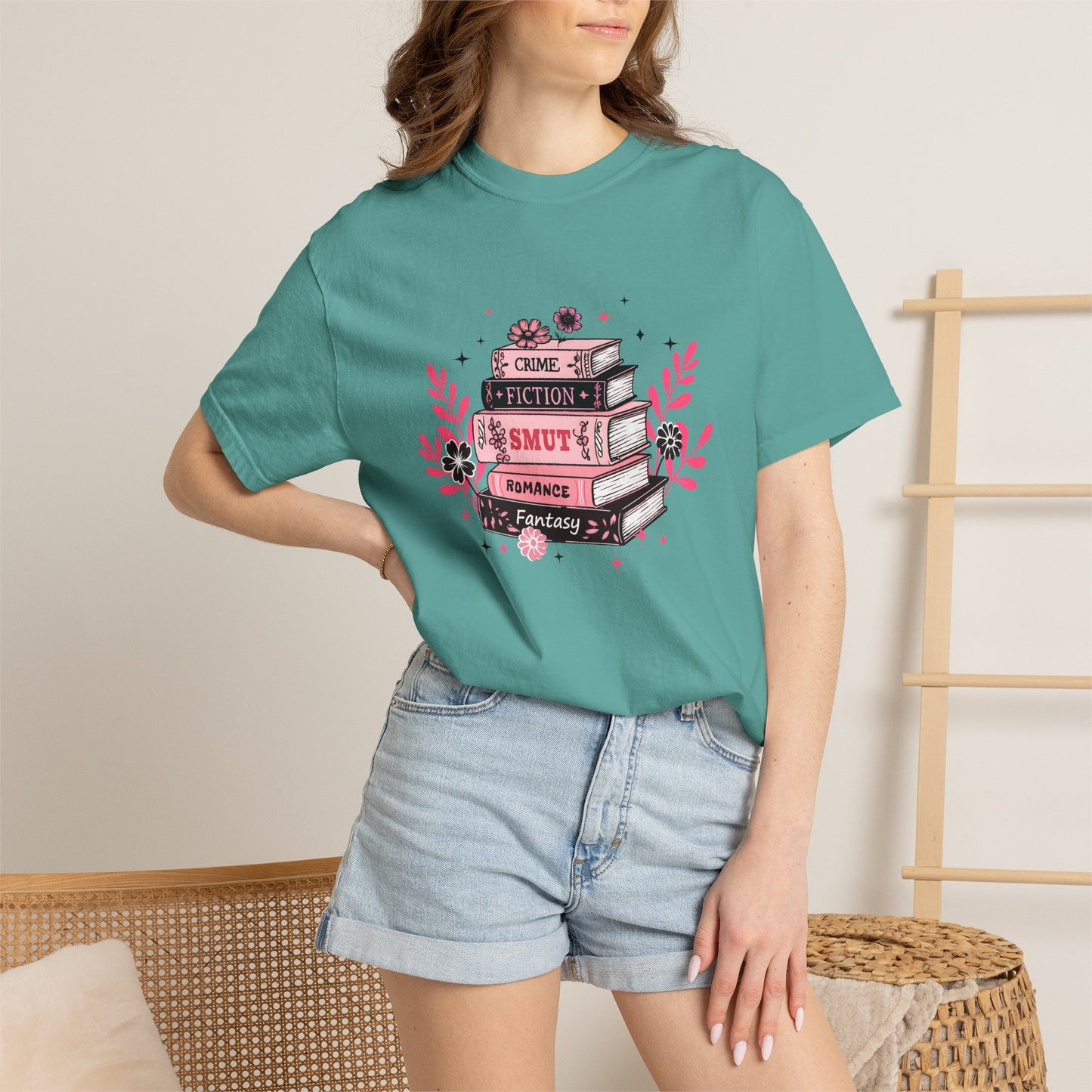 Book Stack Graphic T-Shirt — Cute Floral Reading Shirt (Crime, Fiction, Smut, Romance)